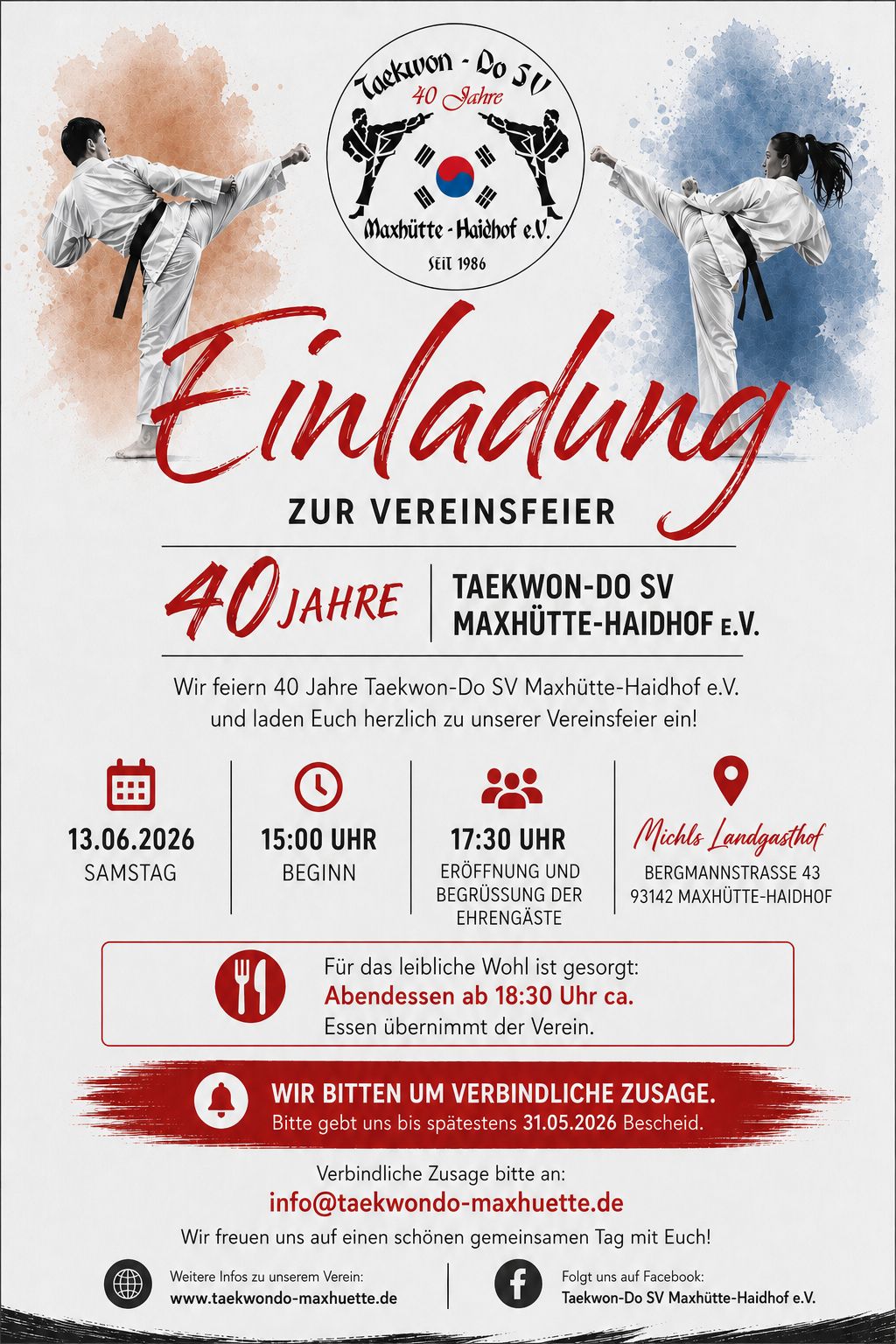 Einladung 40 Jahrfeier Taekwondo Maxhütte Haidhof e.V.